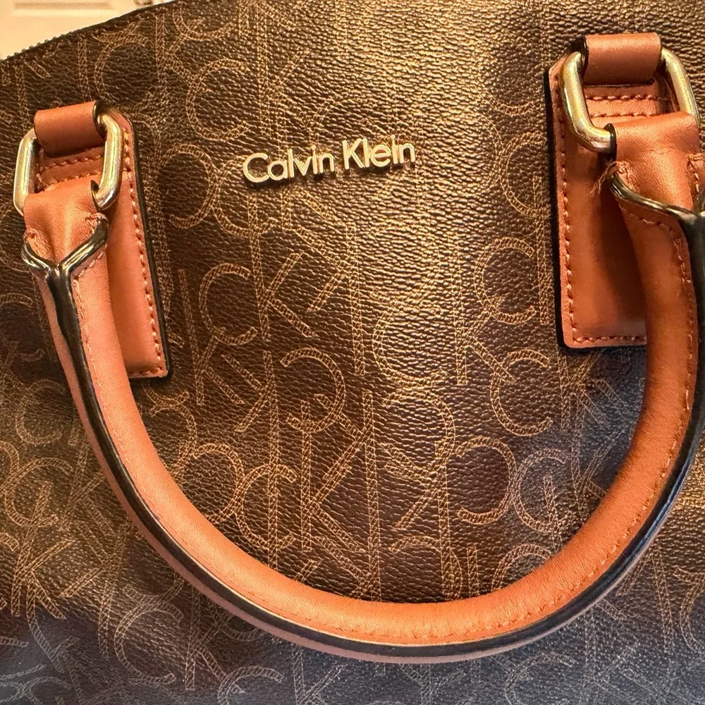 Calvin Klein Brown Monogram Satchel with Tan Handles